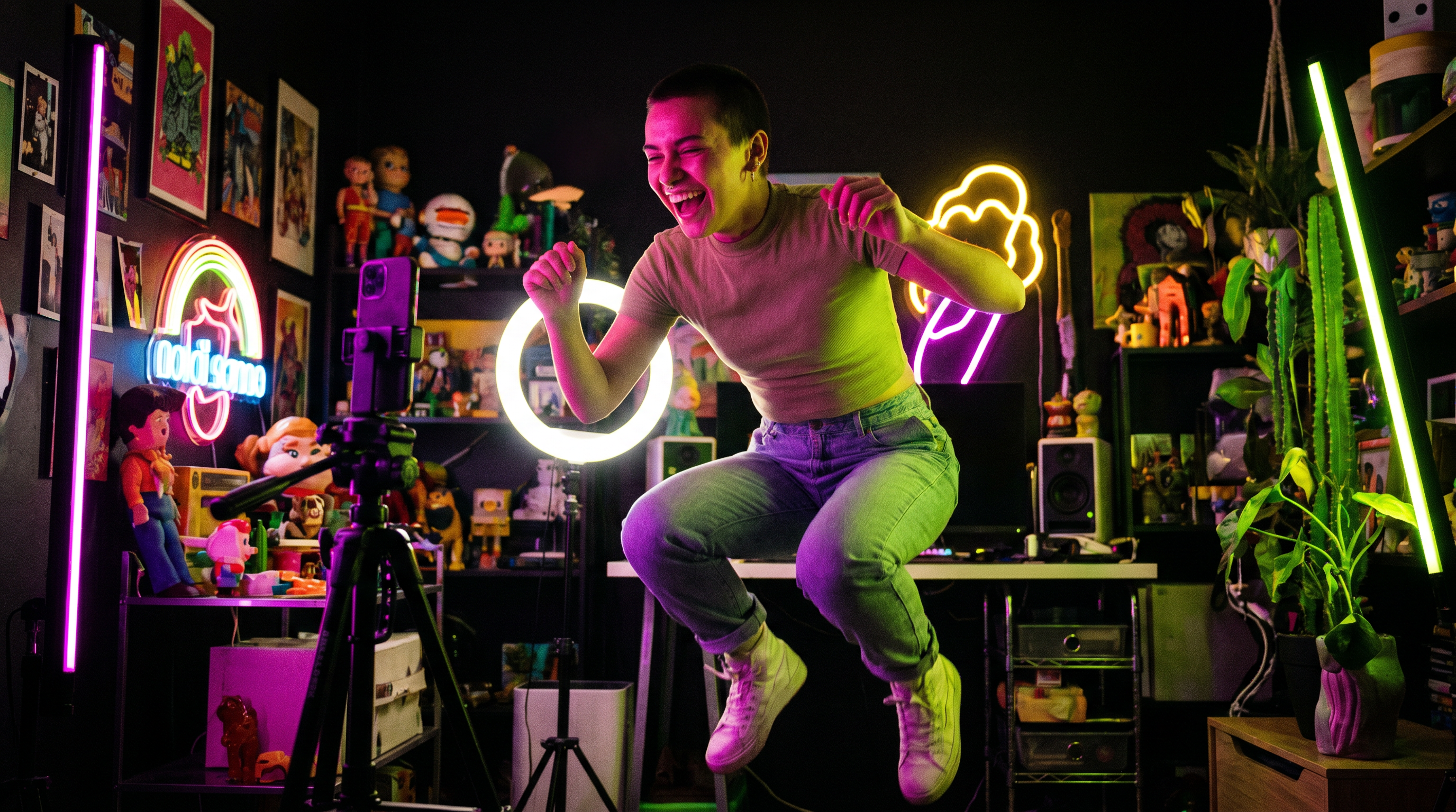 A creator filming a vertical short-form video in a neon-lit studio